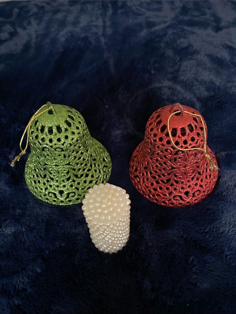 Christmas hanging bells 🔔 in red and green with white Pearl looking candle.